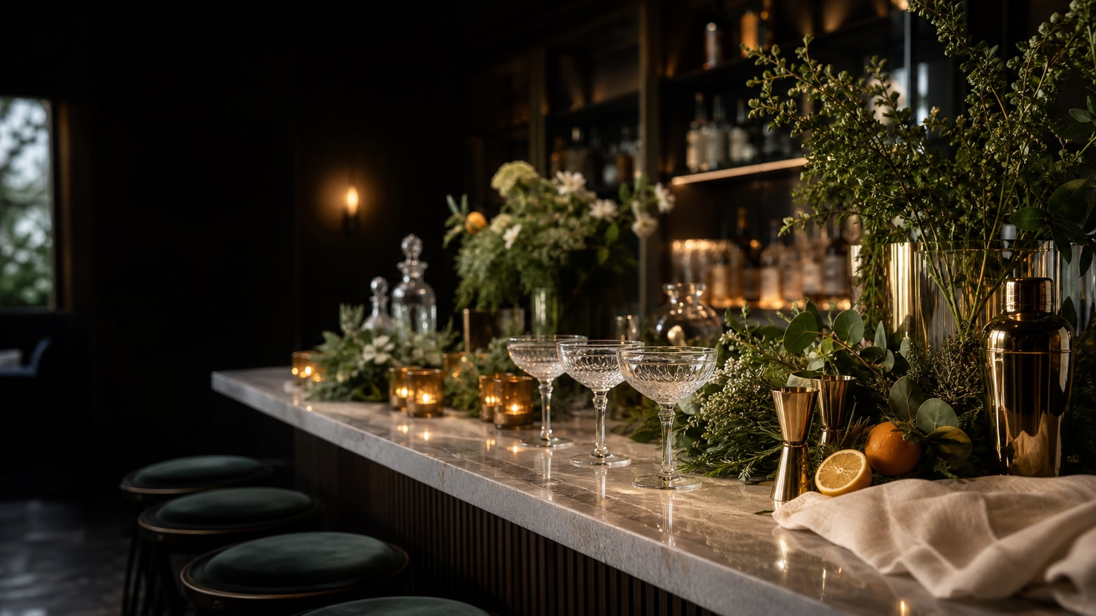 Botancis and Spirits event bar with glassware and fresh botanicals