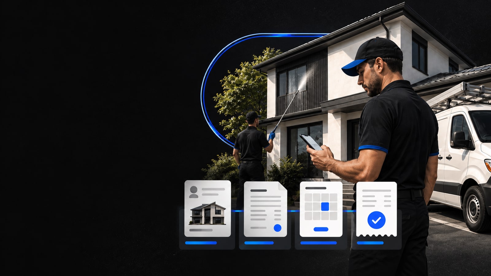 Brightwash field-service product with a technician, home, vehicle, and workflow