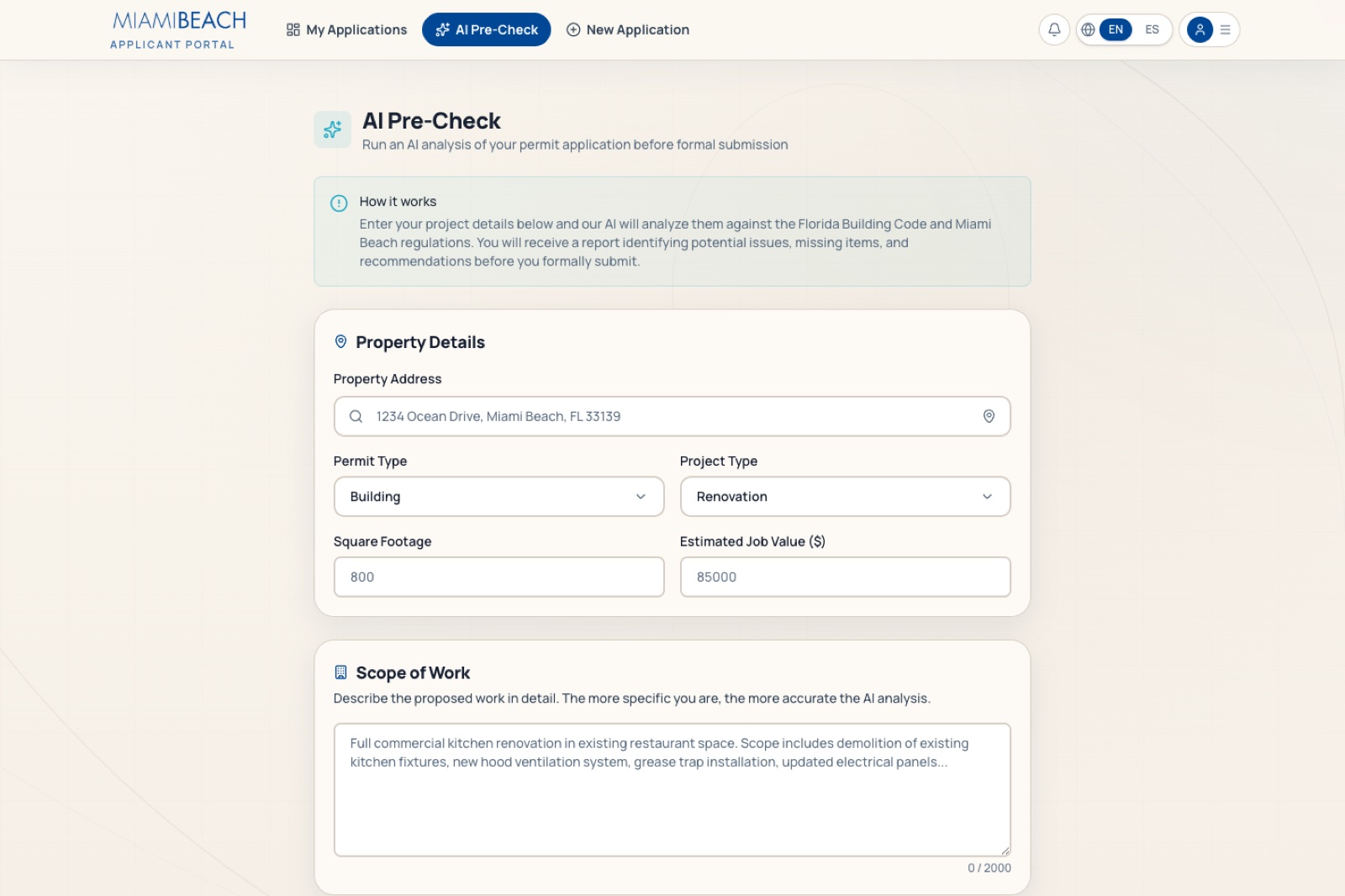 Independent permit review prototype showing an AI-assisted pre-check form.