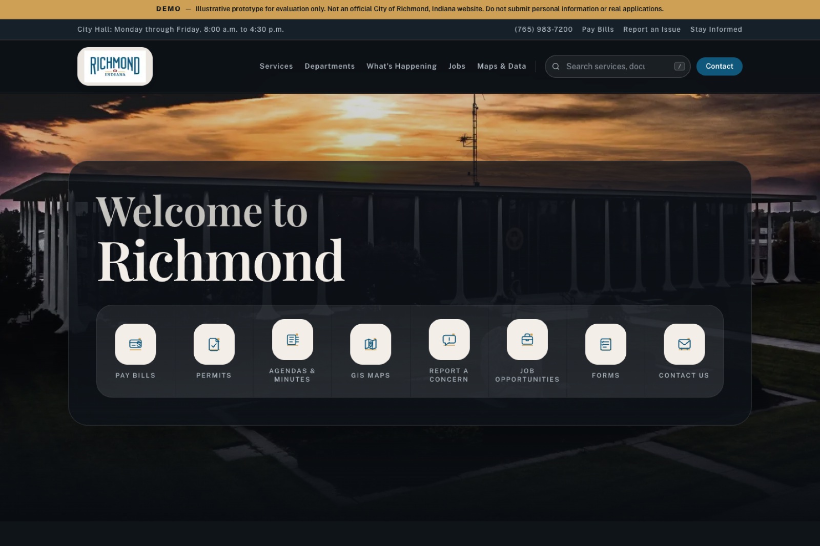 Independent civic website prototype showing a task-oriented Richmond service homepage.