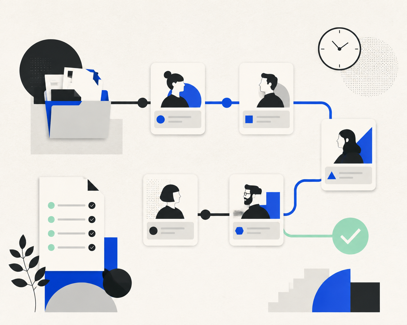 Flat 2D illustration of a clear workflow path connecting people, intake, review, and approval