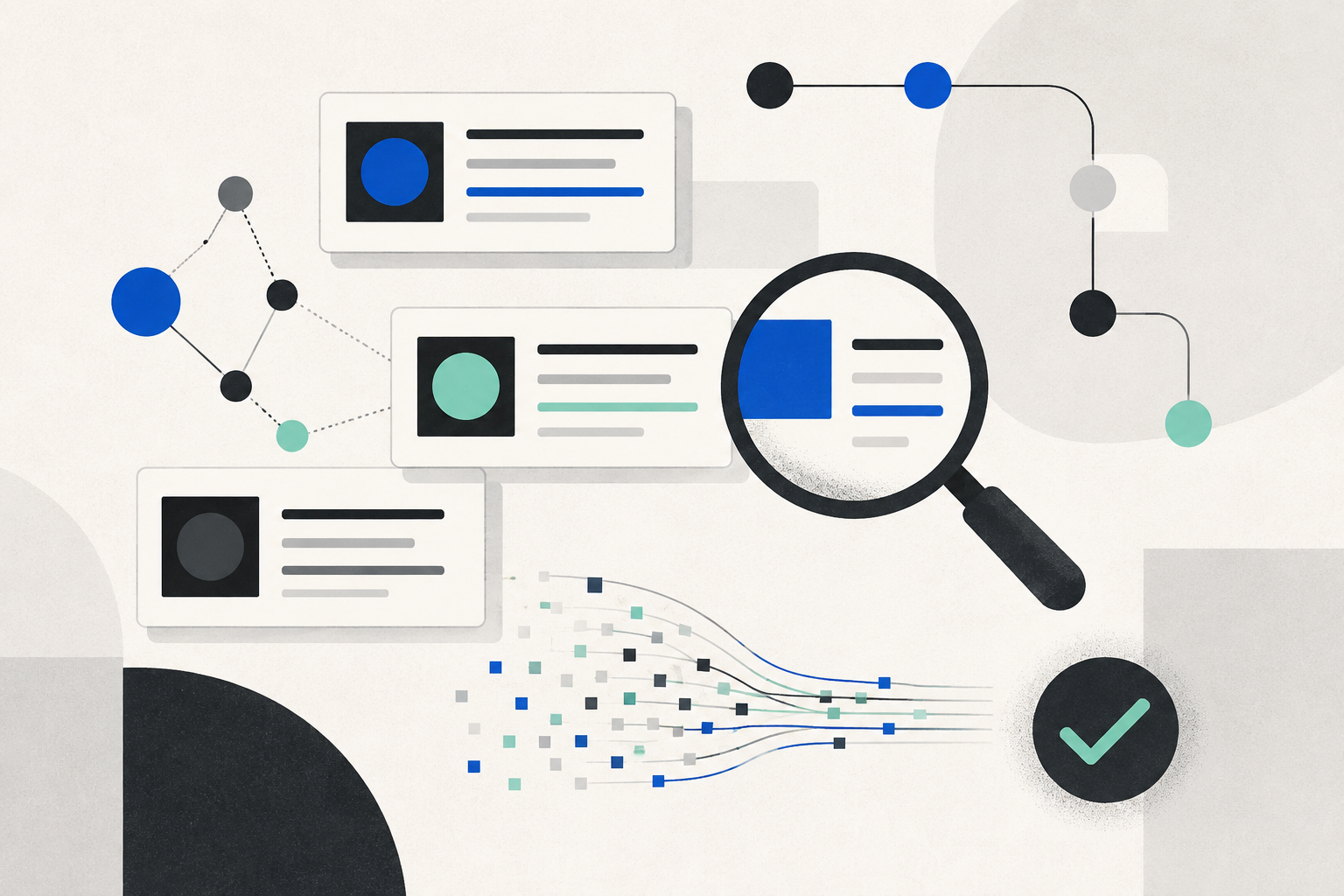 Flat 2D illustration of connected data cards, lineage, quality checks, and a magnifying glass