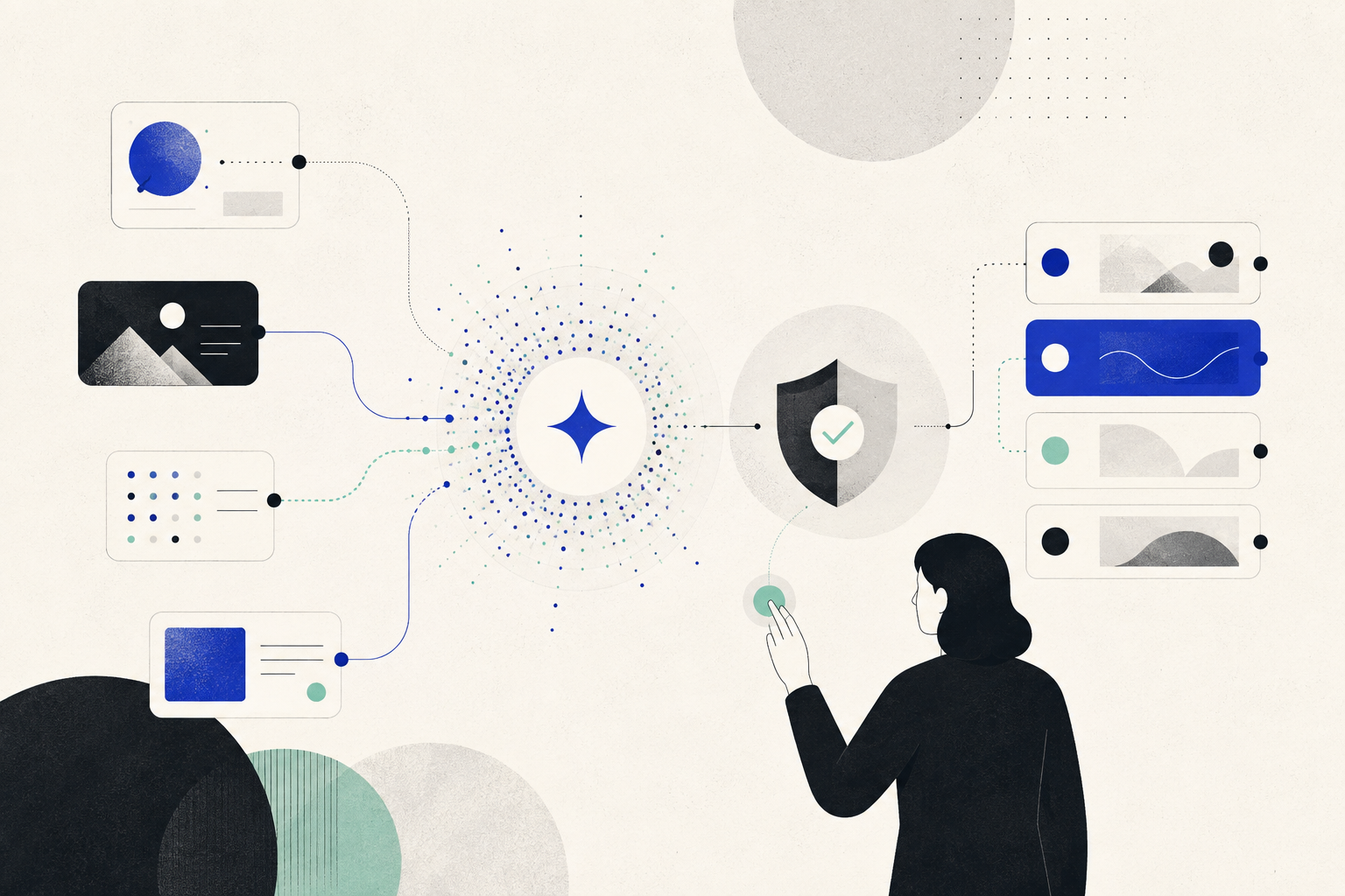 Flat 2D illustration of human-guided AI with source cards, a shield, and an approval check
