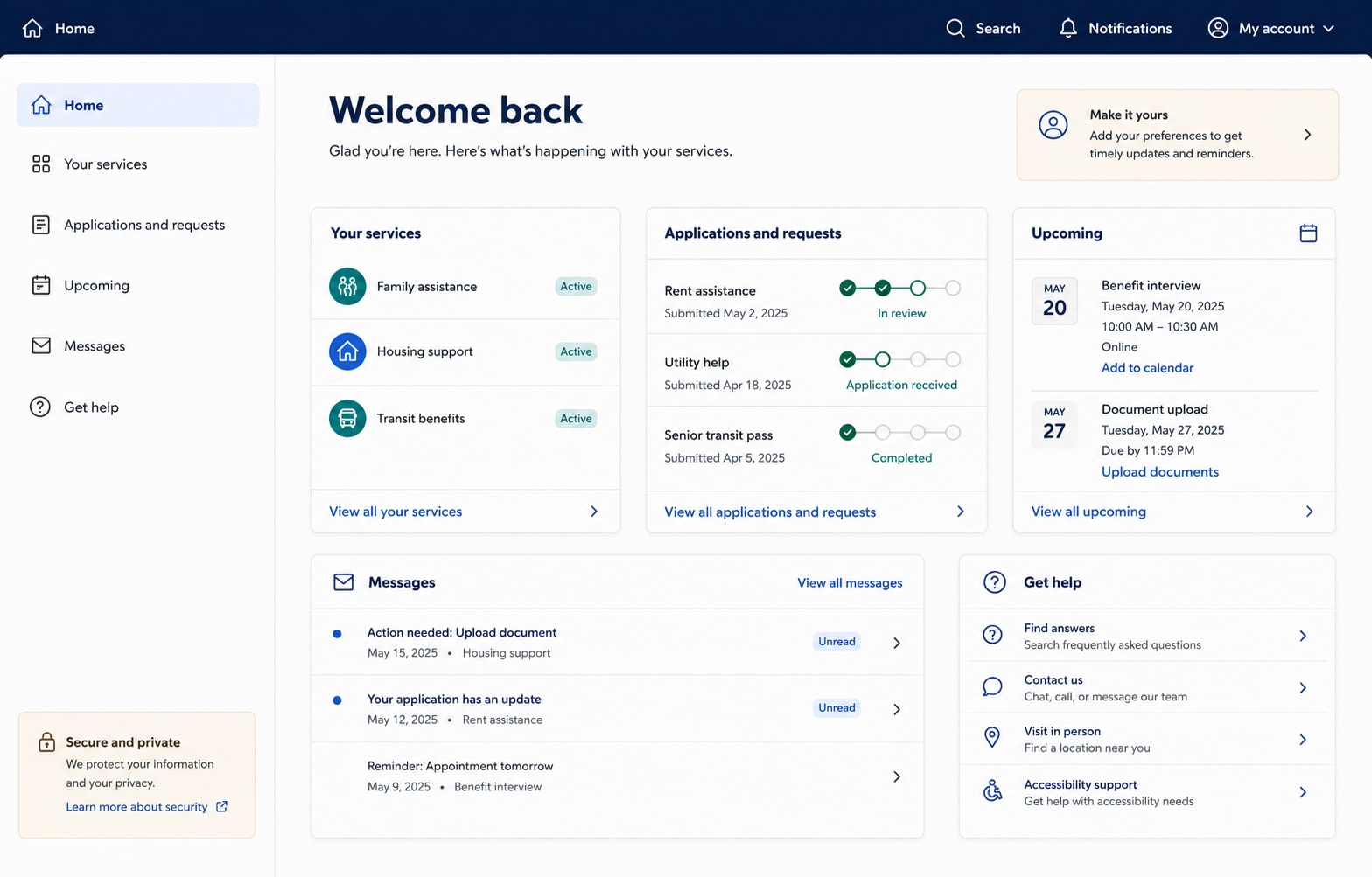 Illustrative digital service portal with applications, requests, appointments, messages, and help
